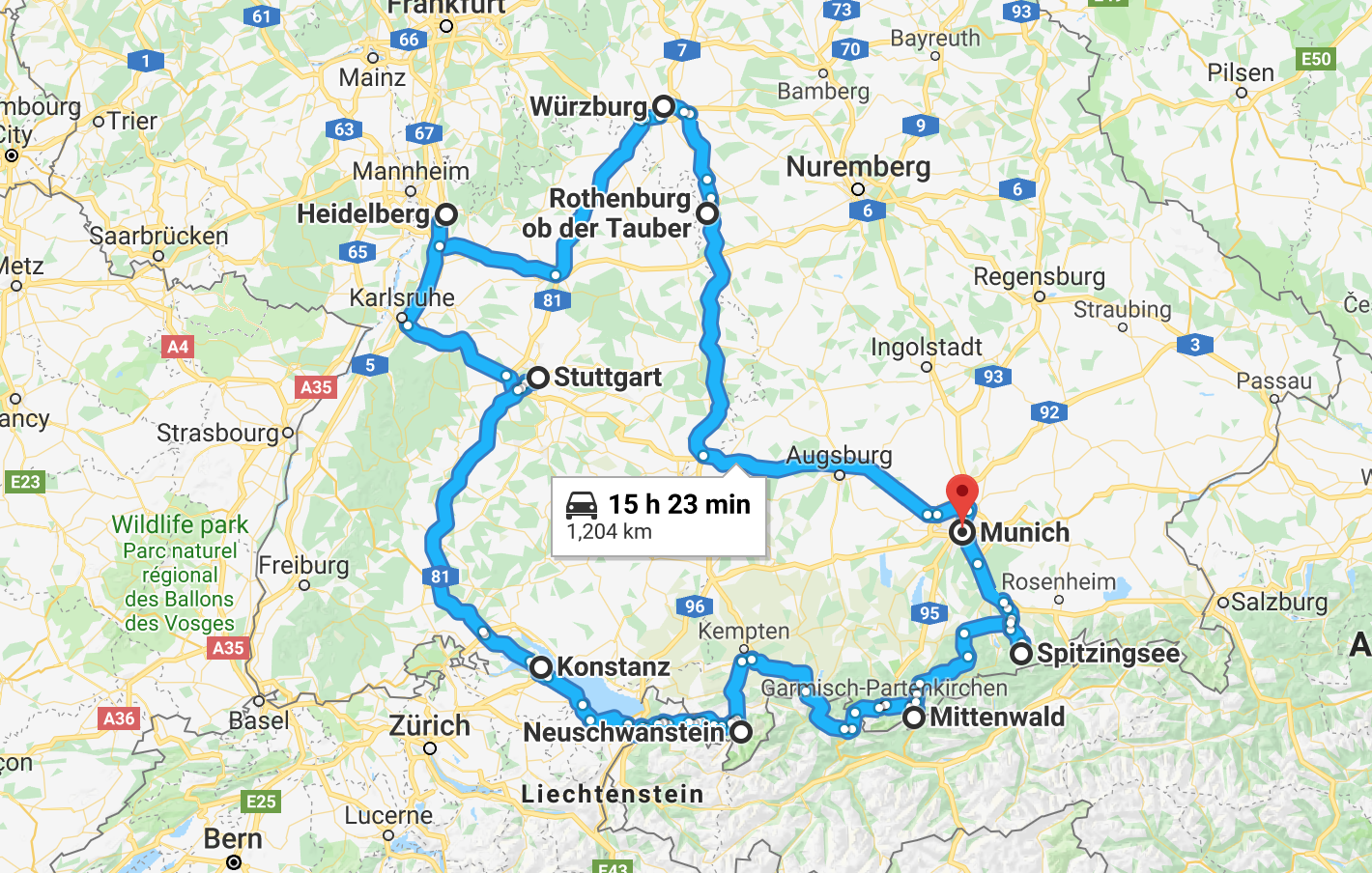 southern germany and austria trip planner map